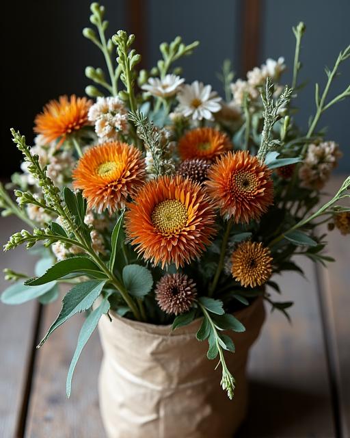 A rustic bouquet of Australian native flowers like banksia and eucalyptus.