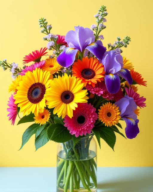 A colourful bouquet featuring sunflowers, gerberas, and irises.