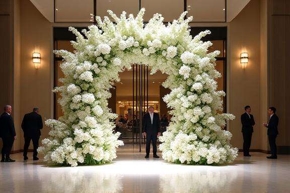 An elegant floral installation at a corporate event entrance.