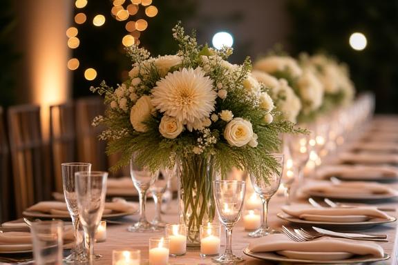 A beautiful wedding reception table adorned with lush floral centerpieces.