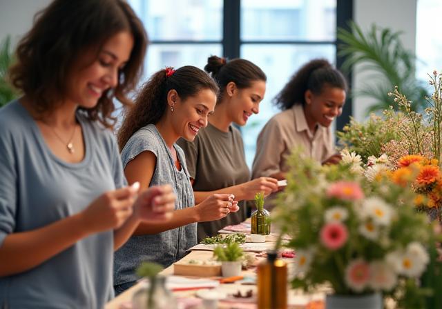 A group of people smiling while arranging flowers at a workshop table.